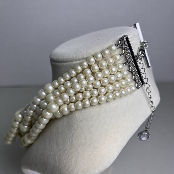 Lia Sophia 6 Strand Bib Necklace Faux Pearl Layered Statement Jewelry Bridal - Picture 5 of 10